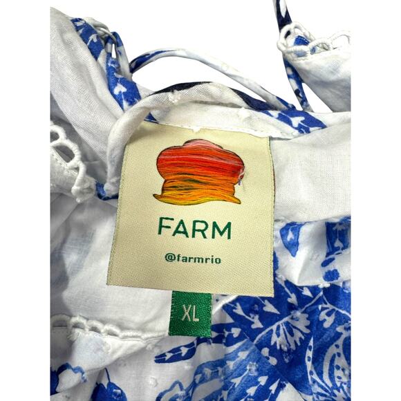 FARM Rio Flowerful Birds Maxi Dress Size XL Blue White Cotton V-Neck Boho Resort - Picture 5 of 12